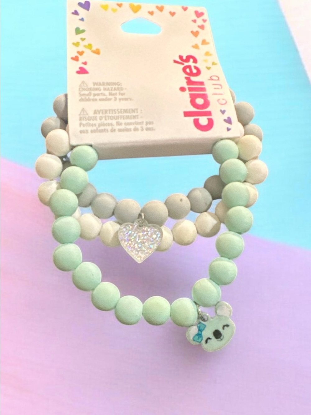 Claire's Club Kids Mint & Beige Beaded Bracelet Set  Heart & Animal Charms
1056